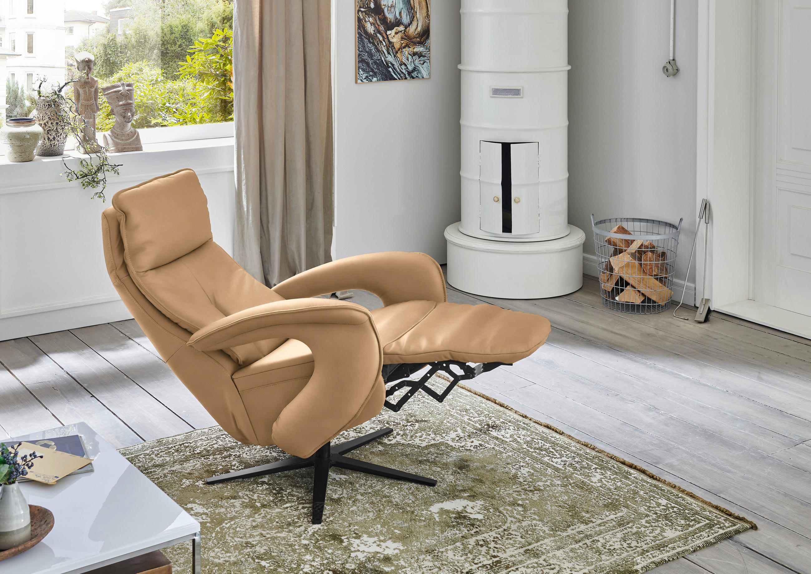 RELAXSESSEL in Leder Honig  - Schwarz/Honig, Design, Leder/Metall (77/119/87cm) - Valdera