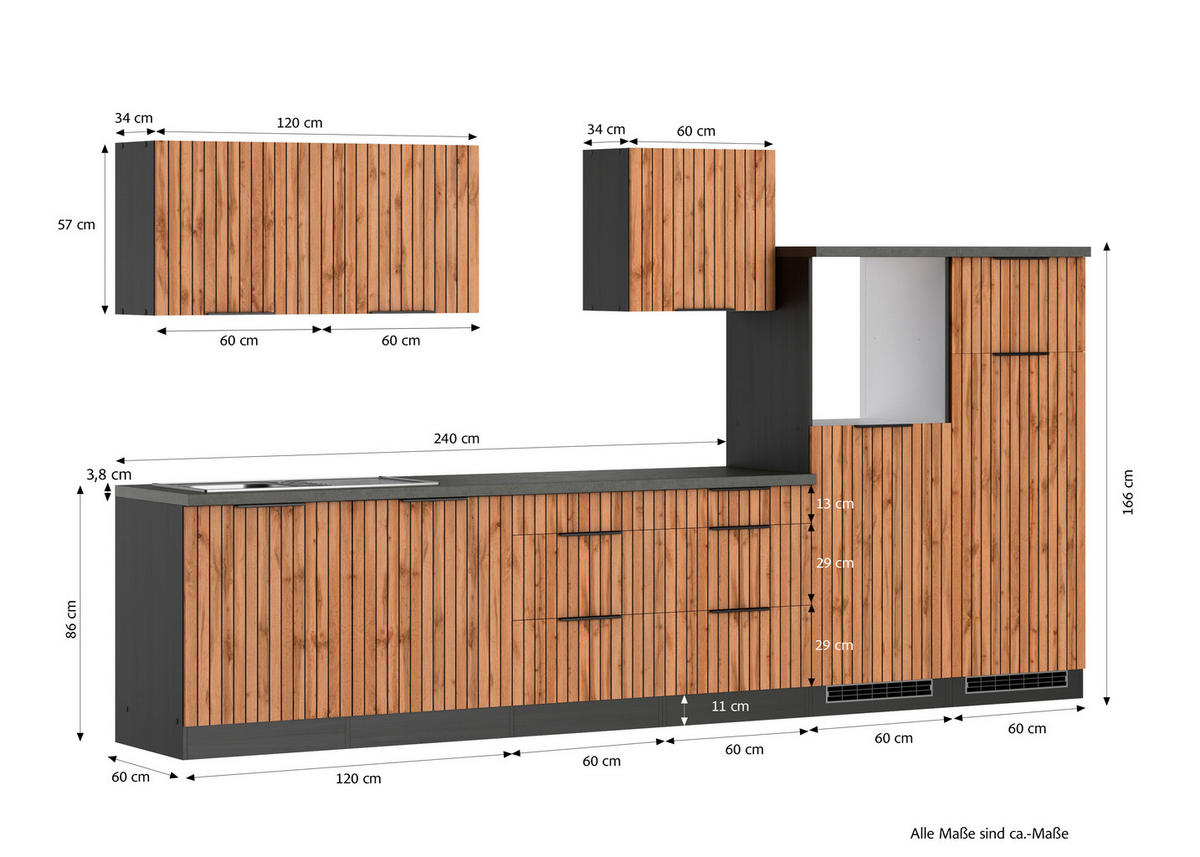 KÜCHENLEERBLOCK 360 cm   in Graphitfarben, Eiche Wotan  - Schieferfarben/Eiche Wotan, Basics, Holzwerkstoff/Metall (360cm) - Held