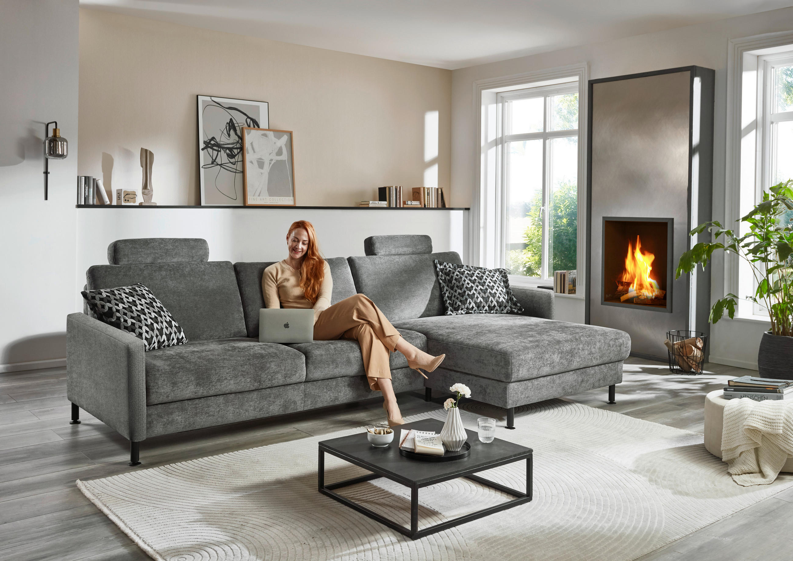 ECKSOFA in Chenille, Flachgewebe Dunkelgrau  - Dunkelgrau/Schwarz, Design, Textil/Metall (316/175cm) - Dieter Knoll