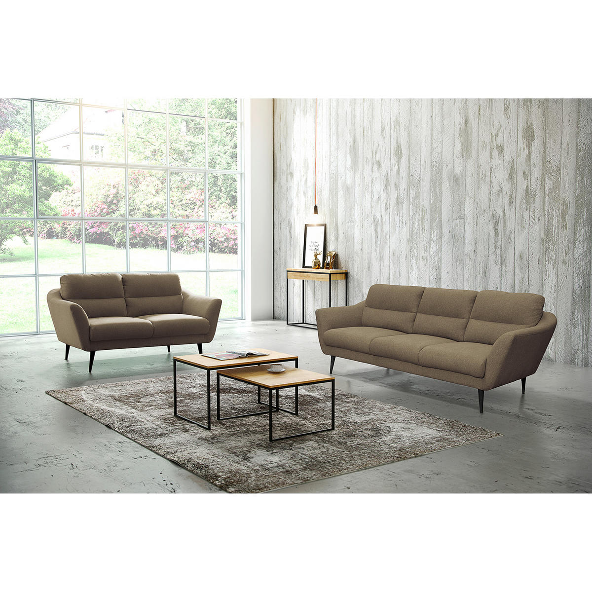 3-SITZER-SOFA Webstoff Braun  - Schwarz/Braun, Design, Holz/Textil (209/87/88cm) - Livetastic