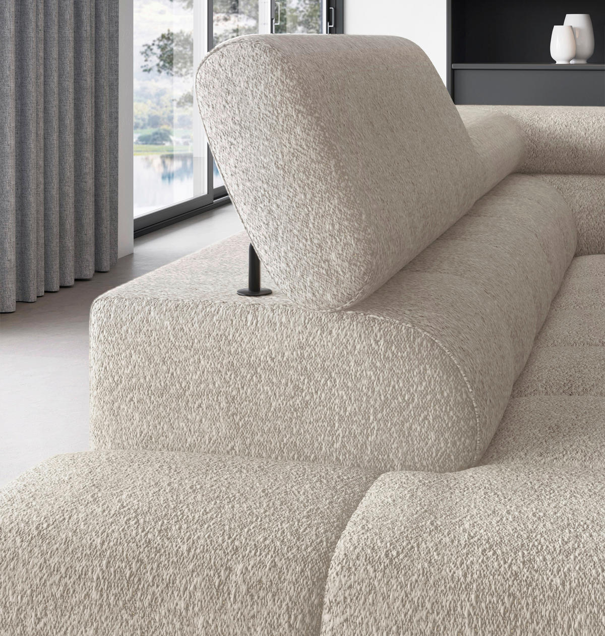 ECKSOFA FERUCCE Creme Teddystoff Bettkasten, Kopfteilverstellung  - Creme/Schwarz, Design, Textil/Metall (200/276cm) - MID.YOU