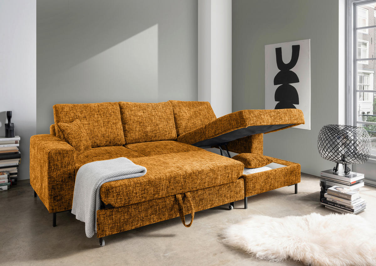 ECKSCHLAFSOFA  mit Rücken echt Struktur Goldfarben  - Goldfarben/Schwarz, KONVENTIONELL, Textil/Metall (237/143cm) - Livetastic