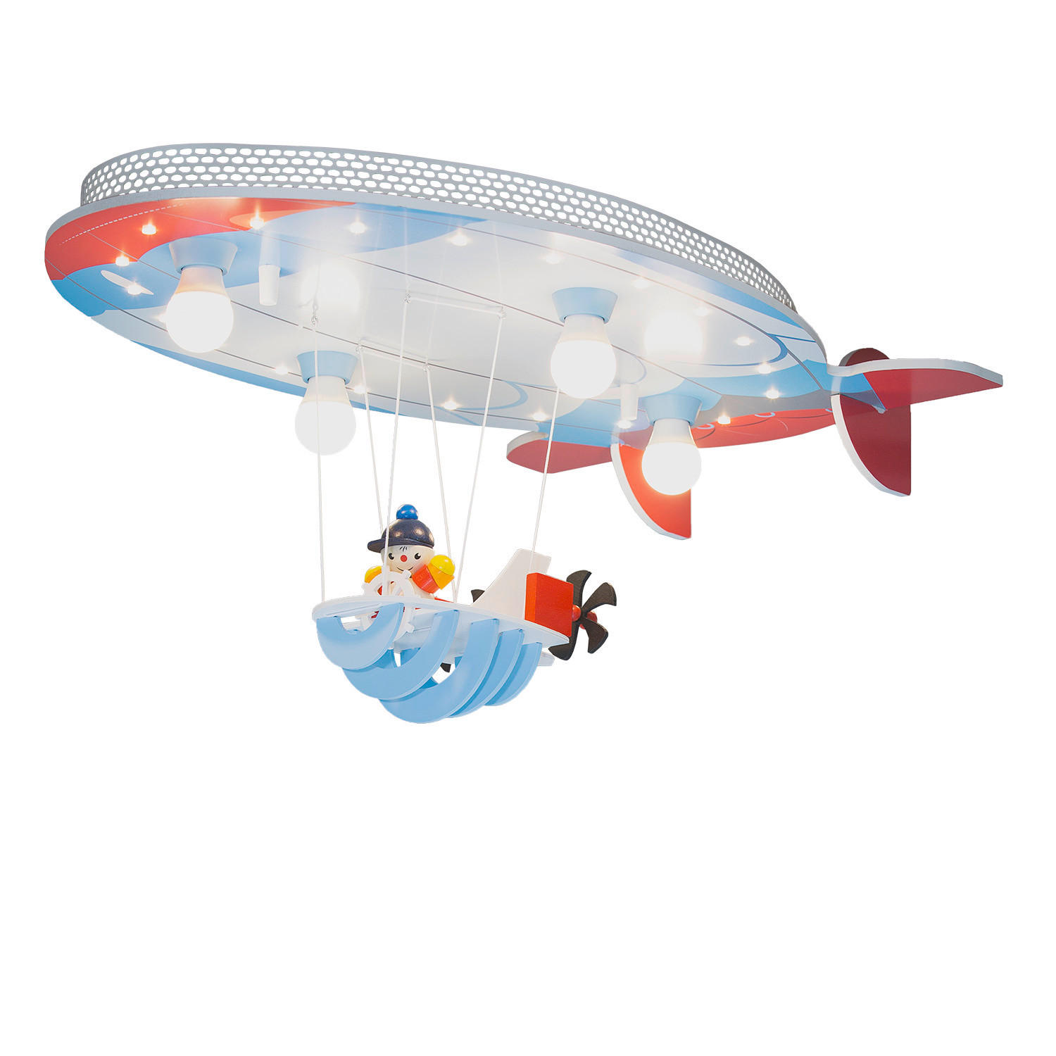 XXXLutz Kinderdeckenleuchte Luftschiff Joe Rot, Hellblau 75x50x30 cm