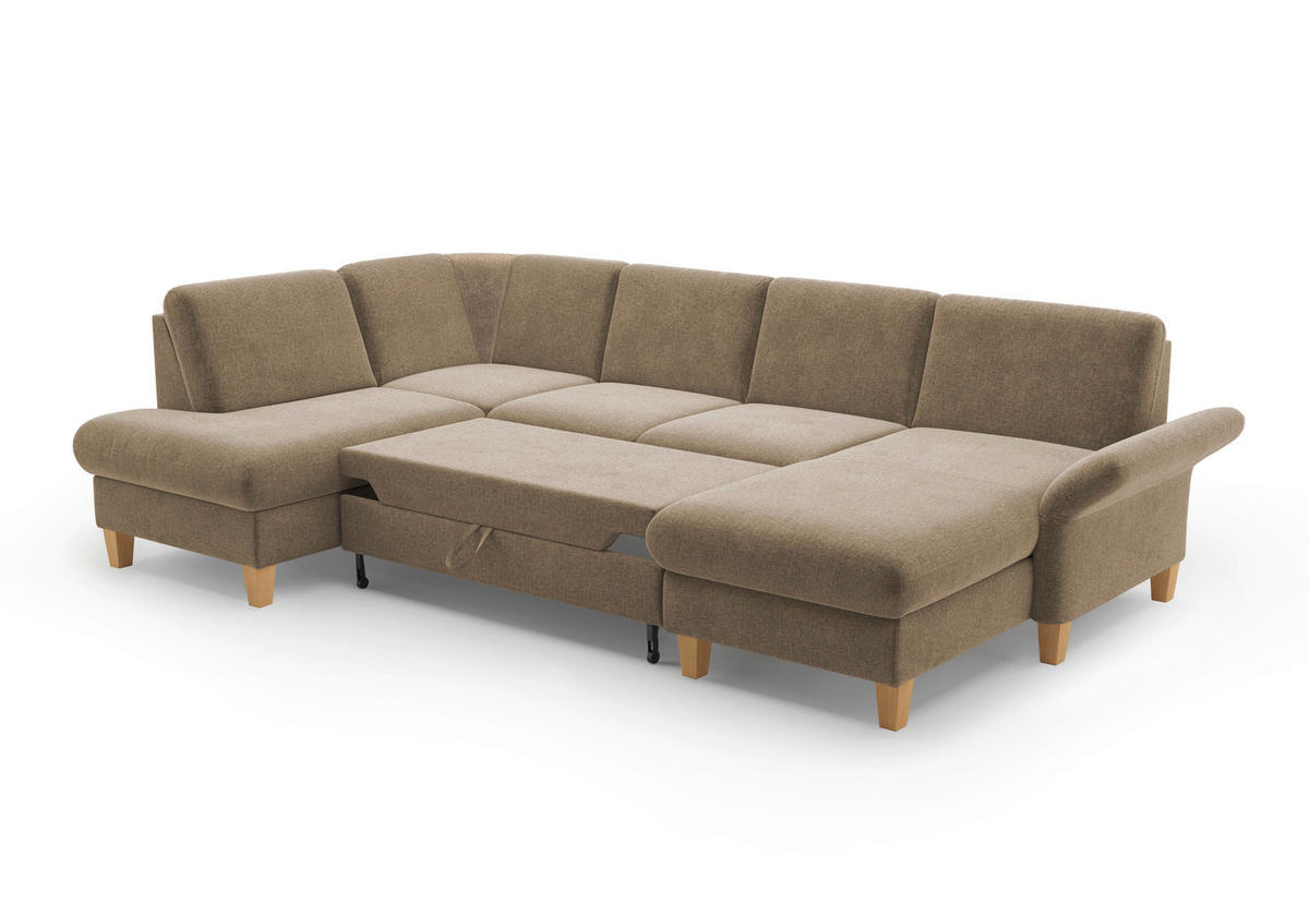 WOHNLANDSCHAFT Hellbraun Flachgewebe  - Hellbraun/Eichefarben, KONVENTIONELL, Holz/Textil (195/314/164cm) - Sit & More