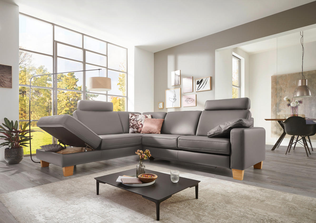 ECKSOFA in Echtleder Hellgrau  - Eiche Bianco/Hellgrau, Konventionell, Leder/Holz (235/257cm) - Valdera