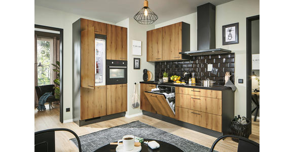 ECKKÜCHE 120/220 cm in Graphitfarben, Schwarz, Eichefarben - Chromfarben/Eichefarben, Design, Holzwerkstoff/Metall (120/220cm) - Xora