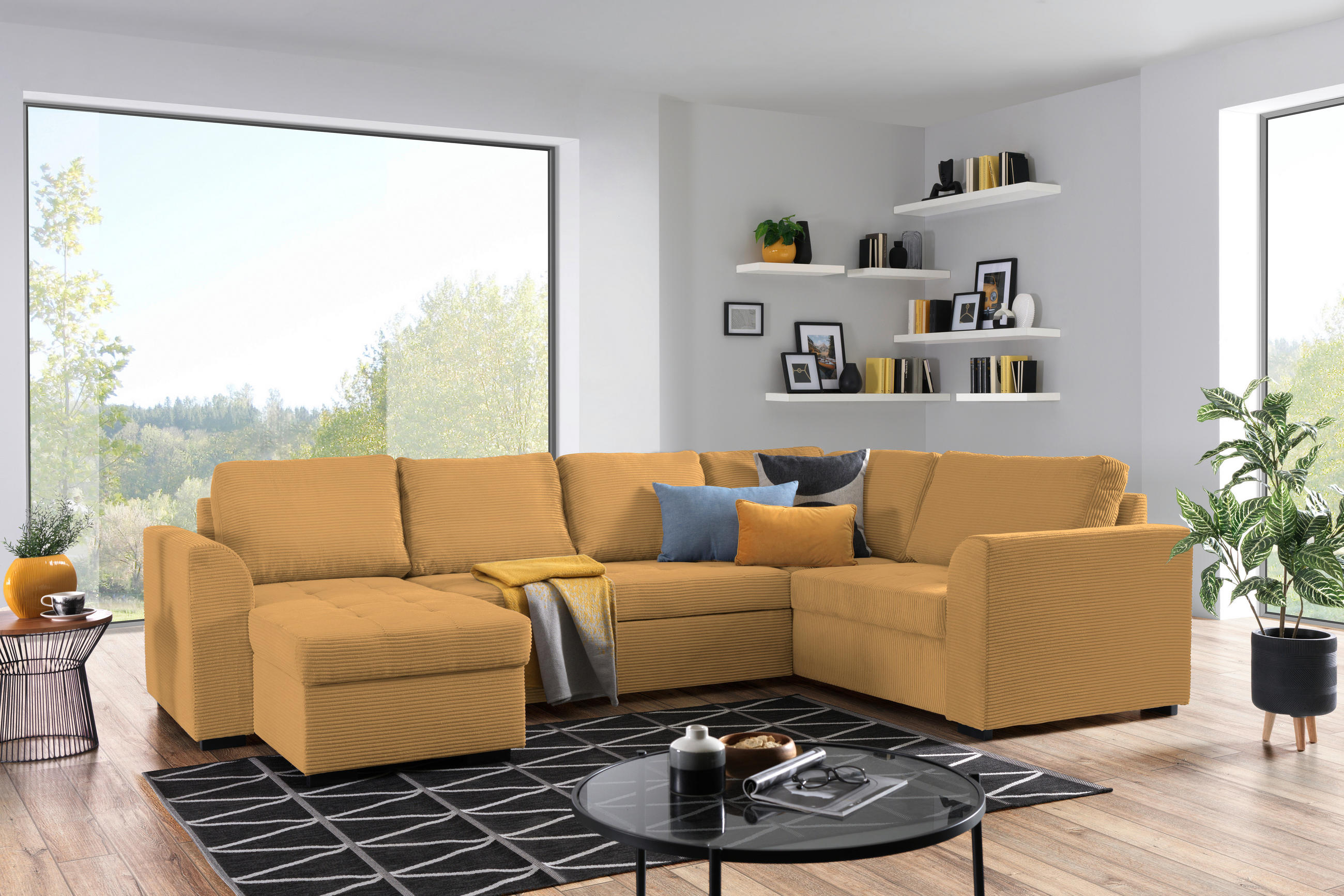 WOHNLANDSCHAFT in Cord, Velours Currygelb  - Currygelb/Schwarz, Design, Kunststoff/Textil (160/311/205cm) - Xora