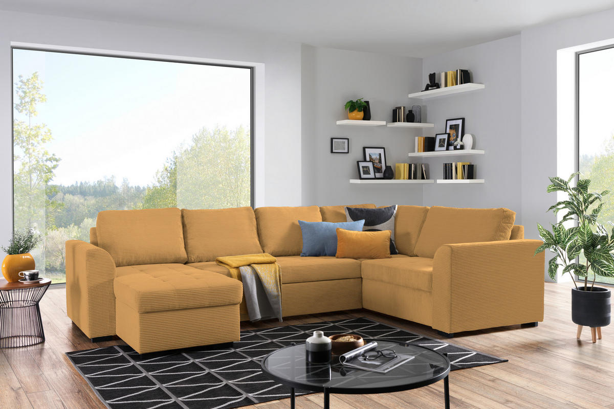 WOHNLANDSCHAFT in Cord, Velours Currygelb  - Currygelb/Schwarz, Design, Kunststoff/Textil (160/311/205cm) - Xora