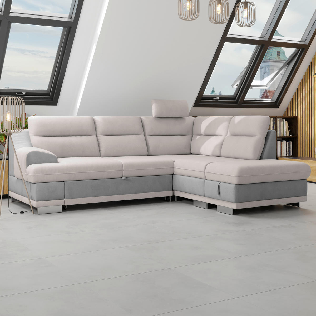 WOHNLANDSCHAFT Grau, Hellgrau Velours  - Chromfarben/Hellgrau, KONVENTIONELL, Textil/Metall (264/217cm) - MID.YOU