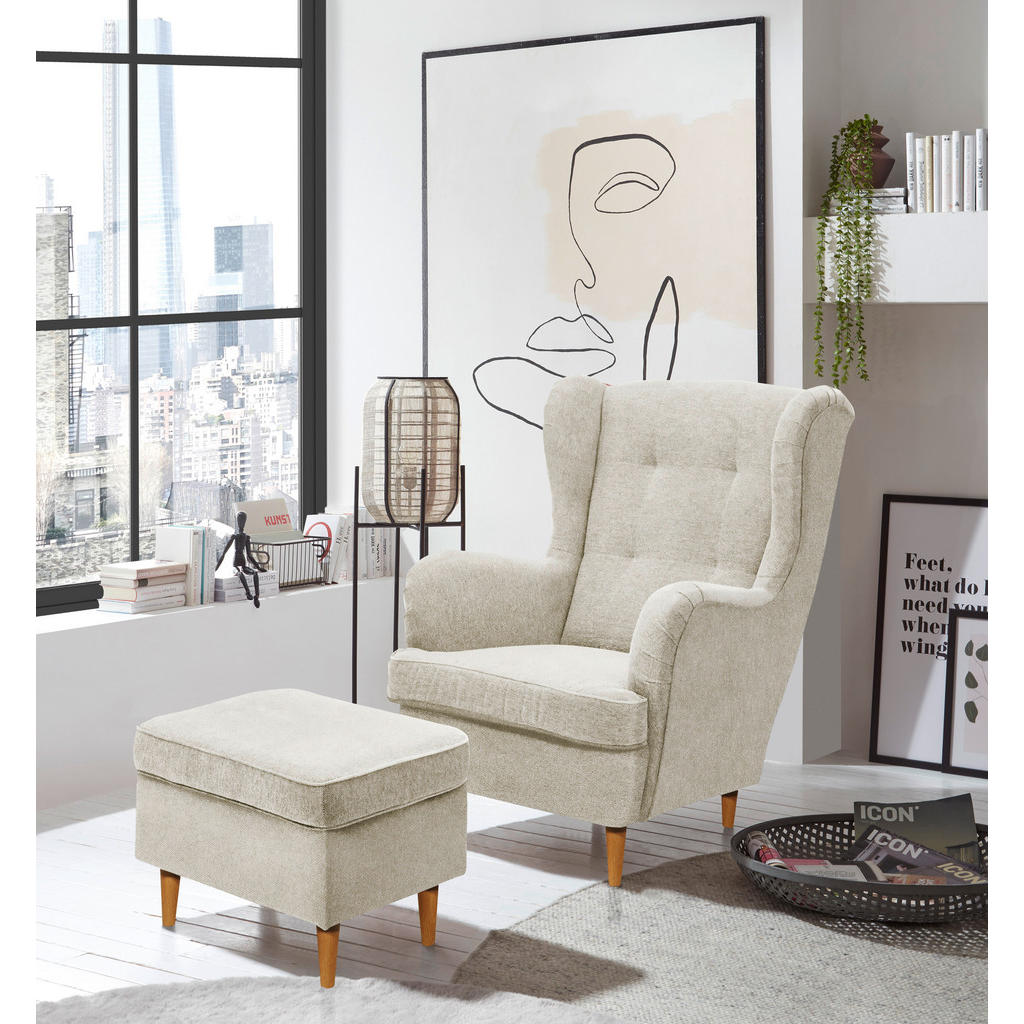 Thumbnail - Carryhome Ohrensessel, Creme, Eiche Wotan, Textil, Buche, massiv, 78x102x98 cm, Stoffauswahl, Wohnzimmer, Sessel, Ohrens...