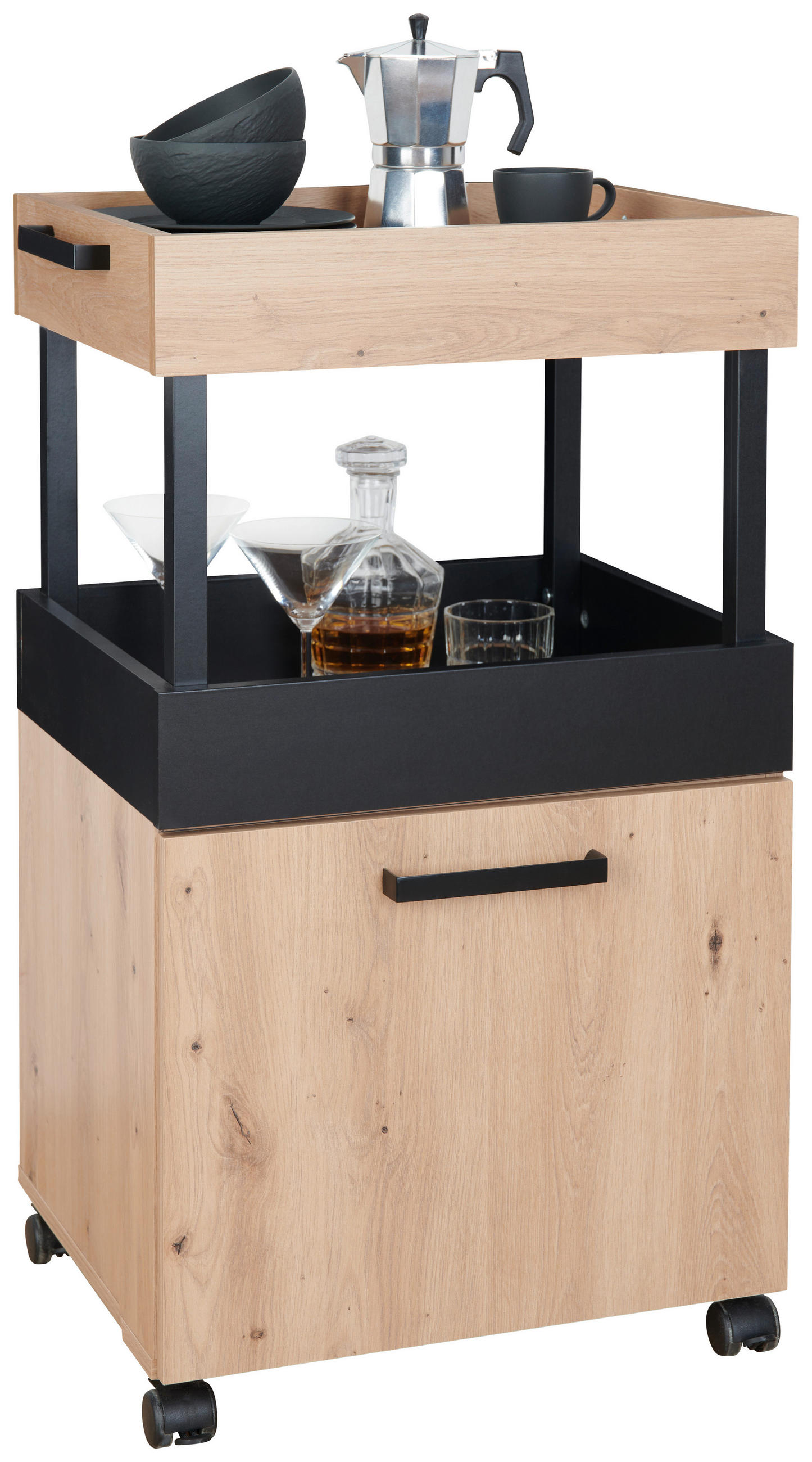 TÁLALÓKOCSI Fekete, Tölgyfa - Tölgyfa/Fekete, Modern, Faalapú anyag/Fém (50/88/41cm) - Carryhome
