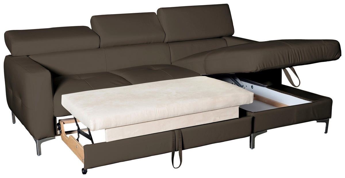 ECKSOFA in Echtleder Graubraun  227/168 cm  - Chromfarben/Graubraun, Design, Leder/Metall (227/168cm) - Livetastic