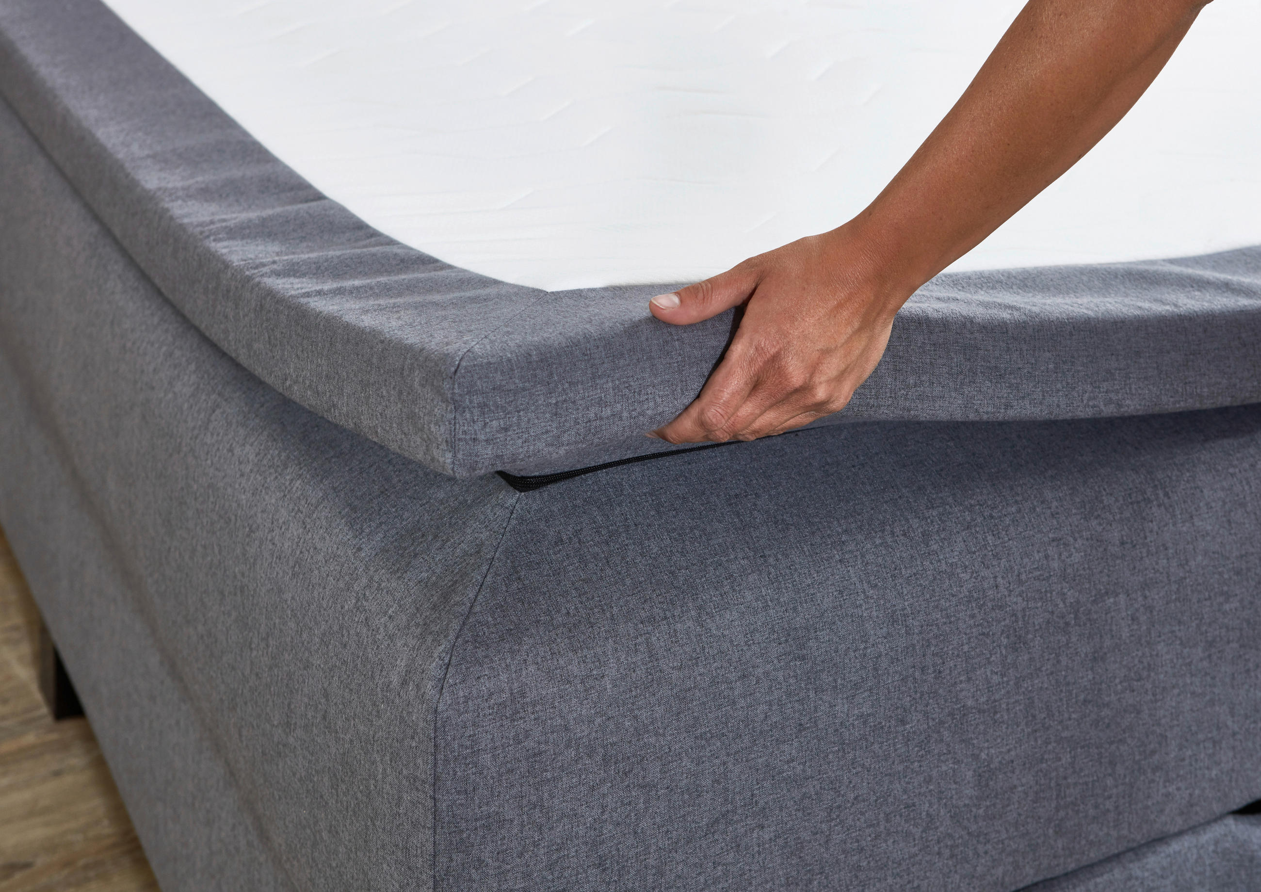 Thumbnail - Boxxx Boxspringbett, Grau, Textil, H3, Höhe ca. 24 cm, 140x200 cm, Oeko-Tex® Standard 100, Topper durchgehend, Schlafzim...