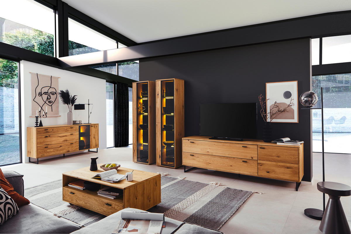WOHNWAND  in Wildeiche 333/190/50 cm  - Wildeiche/Anthrazit, Design, Glas/Holz (333/190/50cm) - MID.YOU