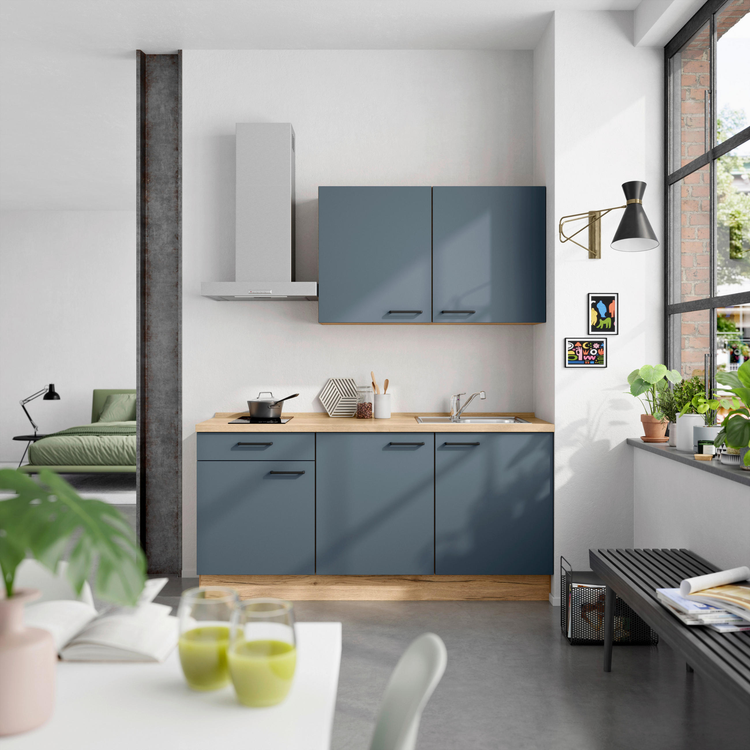 KÜCHENBLOCK 180 cm   in Eichefarben, Dunkelblau  - Eichefarben/Schwarz, MODERN, Holzwerkstoff/Metall (180cm) - Nobilia