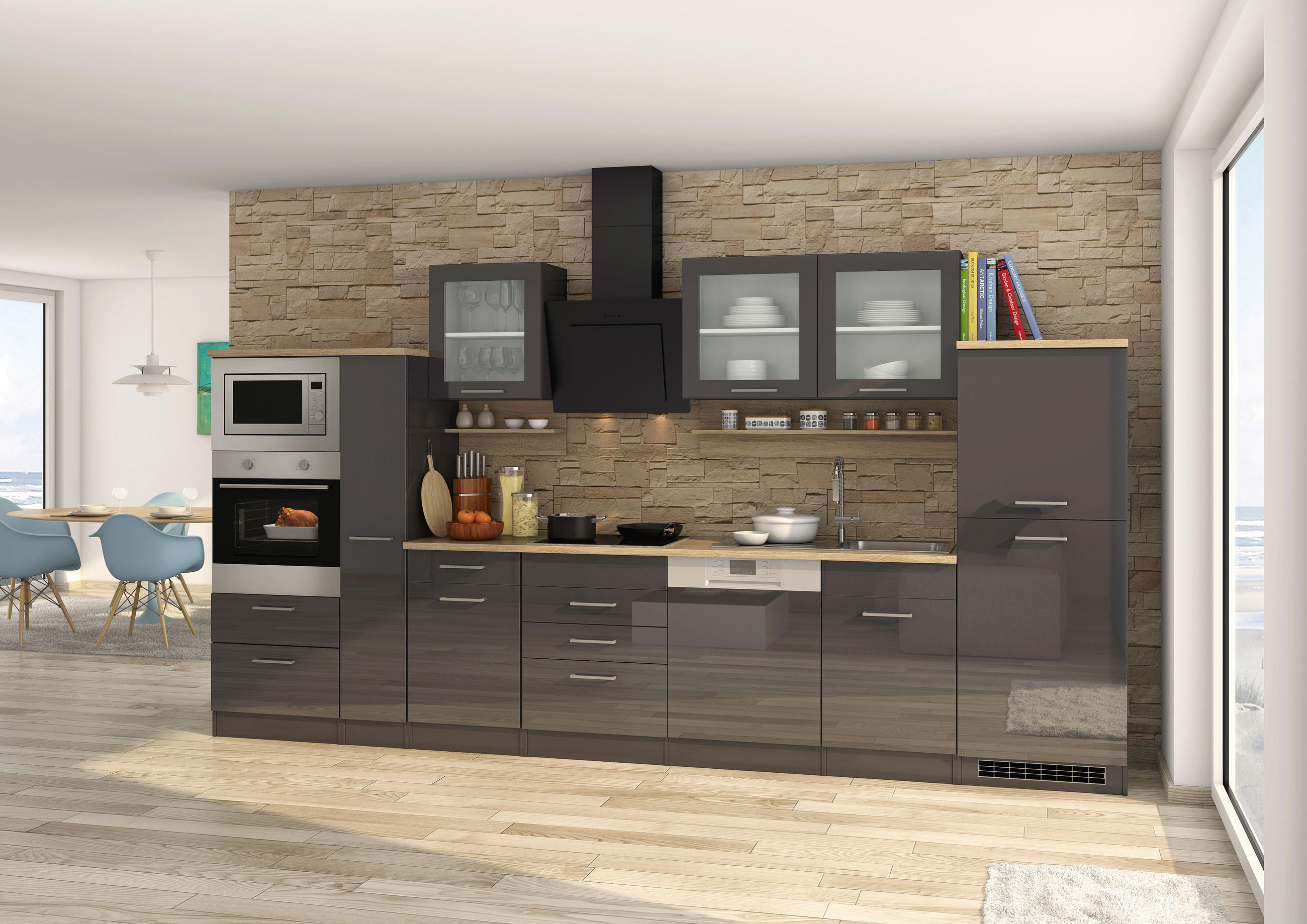 KÜCHENBLOCK 370 cm   in Graphitfarben  - Silberfarben/Graphitfarben, MODERN, Glas/Holzwerkstoff (370cm) - Held