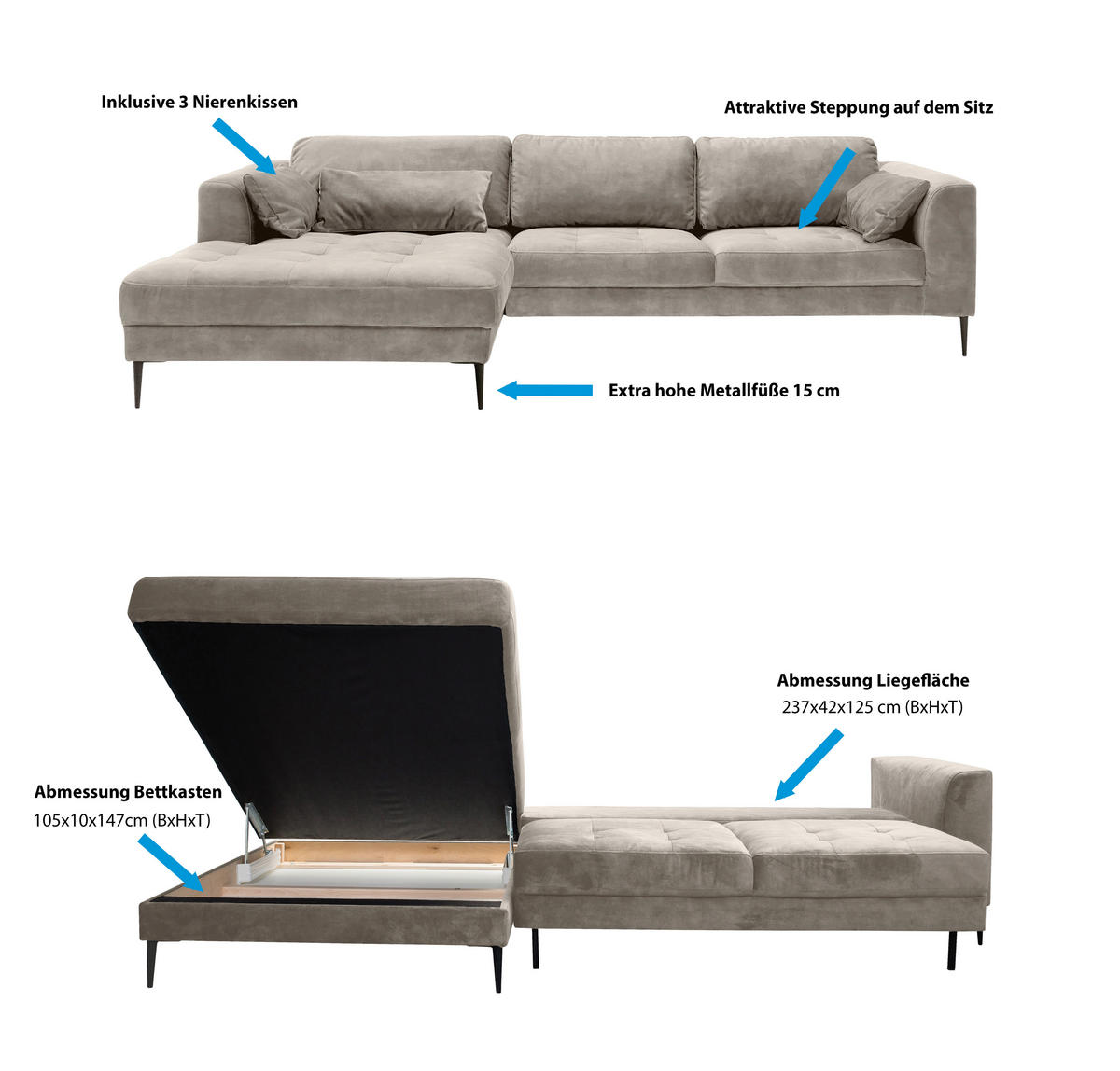 ECKSCHLAFSOFA in Mikrofaser Hellgrau  - Hellgrau/Schwarz, Modern, Textil (280/168cm) - Trendmanufaktur