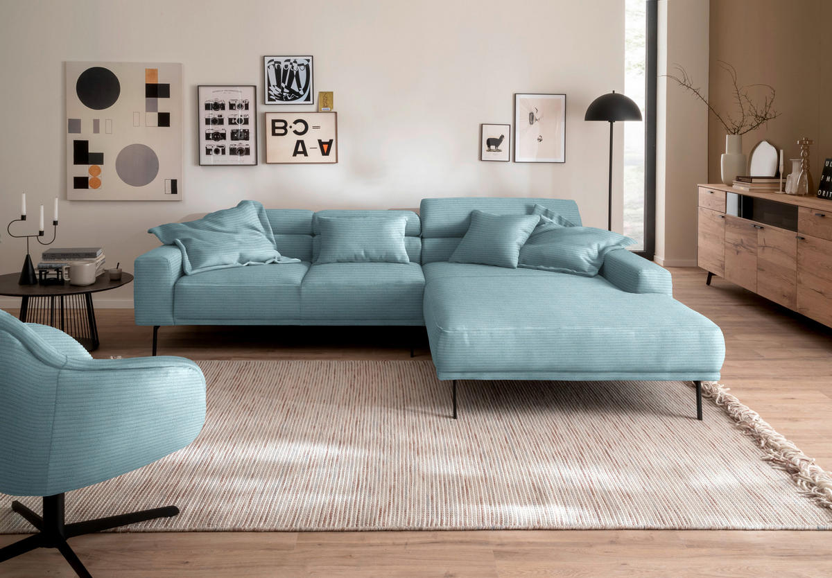 ECKSOFA Cord Hellblau  - Schwarz/Hellblau, Design, Textil/Metall (293/215-217cm) - Schöner Wohnen