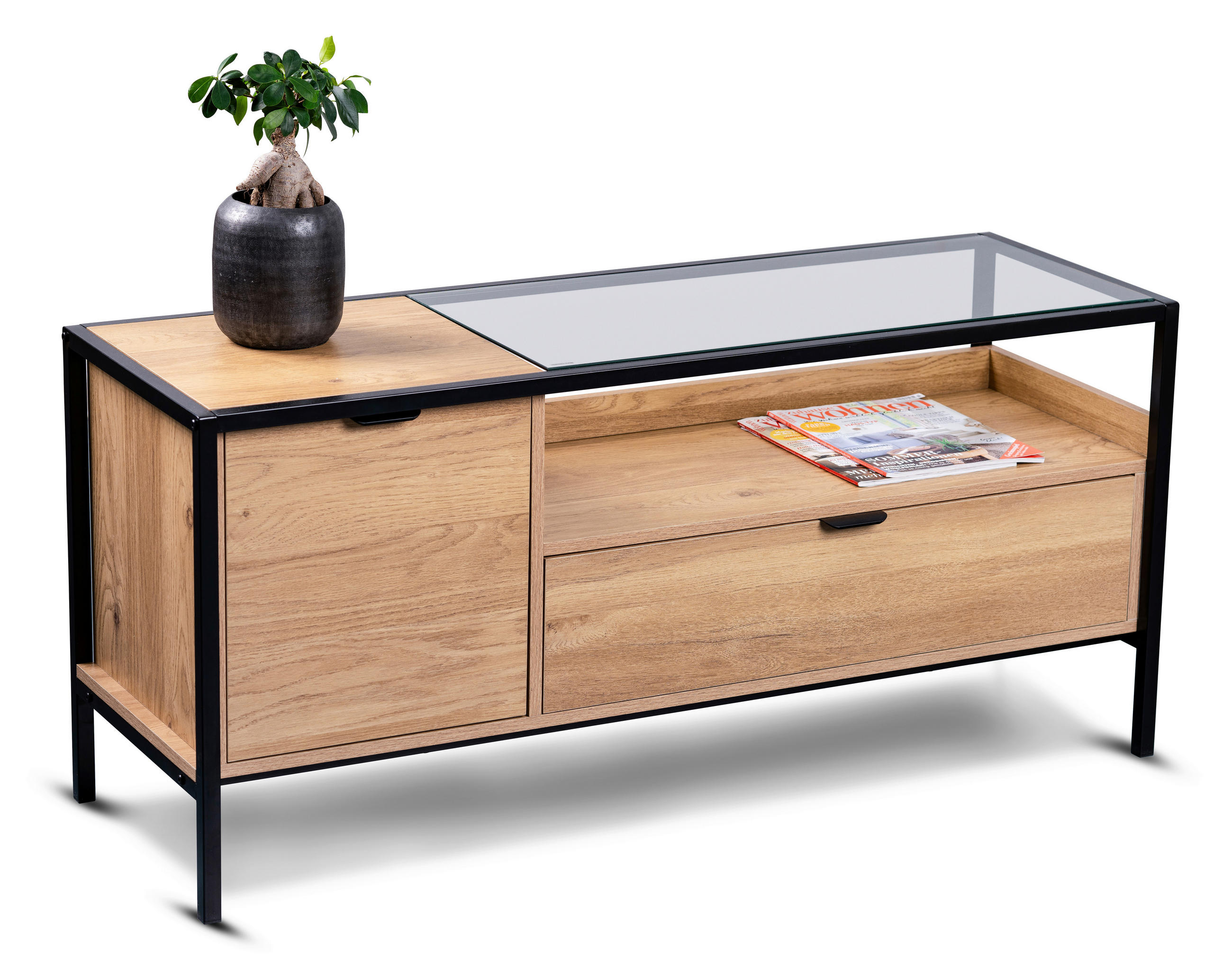 TV-ELEMENT - Eichefarben/Schwarz, Basics, Glas/Holzwerkstoff (120/55/40cm) - Xora