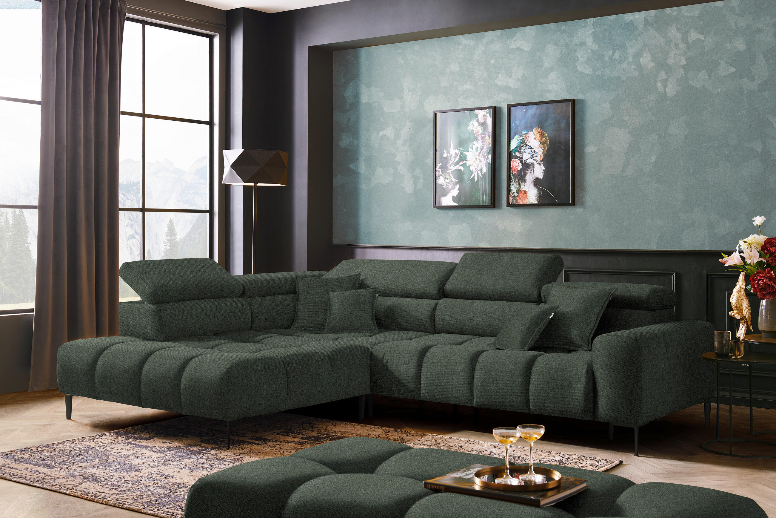 ECKSOFA Dunkelgrün Webstoff  - Dunkelgrün/Schwarz, Design, Textil/Metall (216/300cm) - Welnova