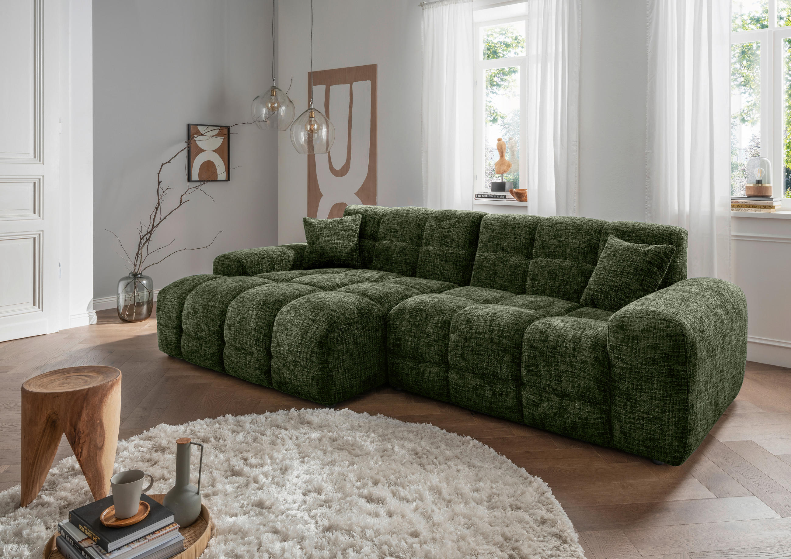 ECKSOFA Bosco Dunkelgrün Struktur  - Dunkelgrün/Schwarz, MODERN, Kunststoff/Textil (152/301cm) - Livetastic