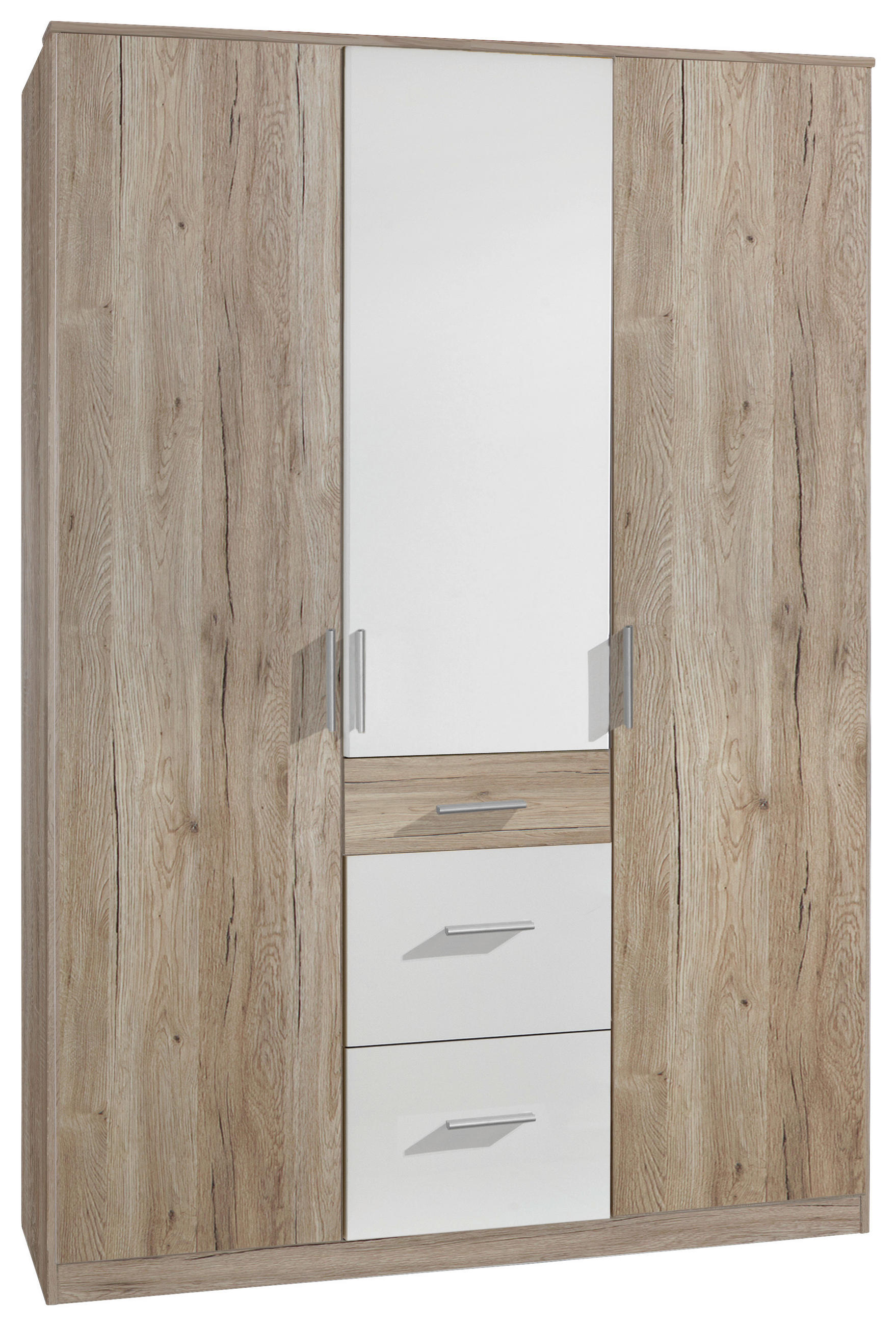 KLEIDERSCHRANK Weiß, Eiche San Remo 3 Tür(en)  - Alufarben/Weiß, KONVENTIONELL, Holzwerkstoff/Kunststoff (135/199/58cm) - Boxxx