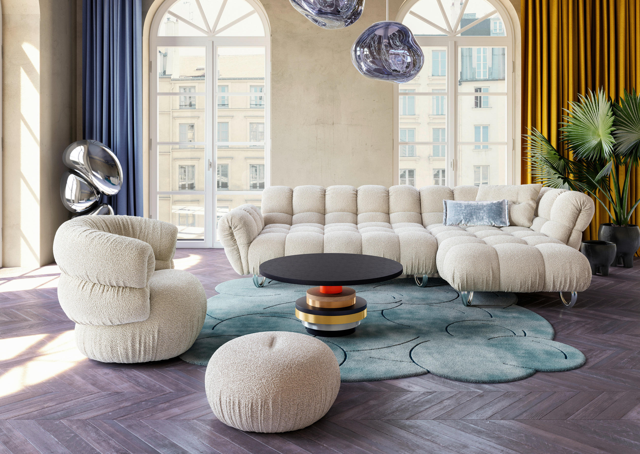 ECKSOFA in Jacquard, Bouclé Greige  303/188 cm  - Greige/Alufarben, Trend, Textil/Metall (303/188cm) - Bretz