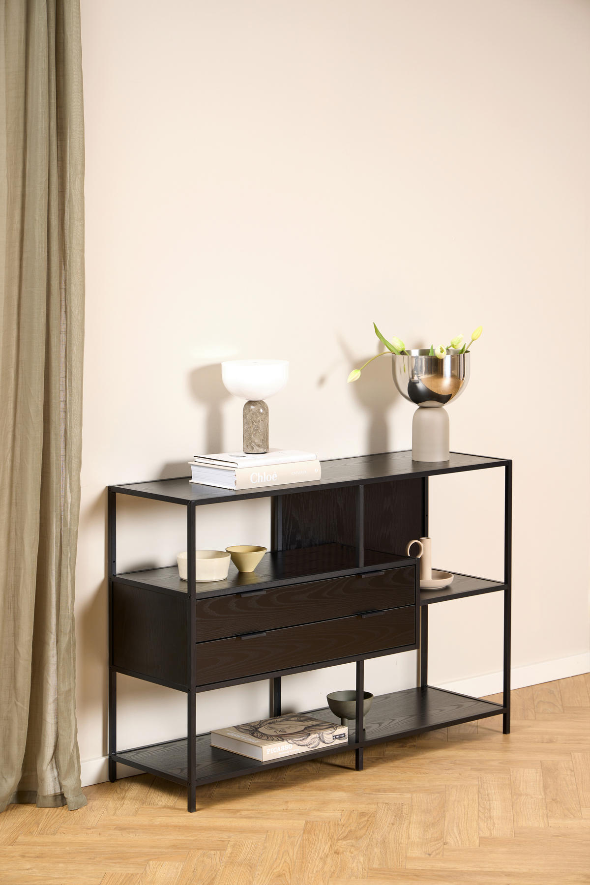 REGAL Schwarz, Eschefarben  - Eschefarben/Schwarz, MODERN, Holzwerkstoff/Metall (114/78/35cm)