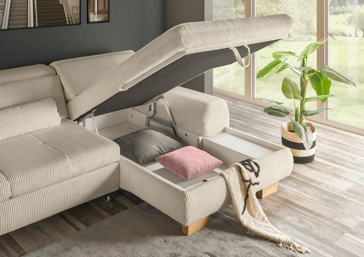 ECKSOFA Creme Cord  - Eiche Bianco/Creme, KONVENTIONELL, Holz/Textil (307/195cm) - SetOne by Musterring