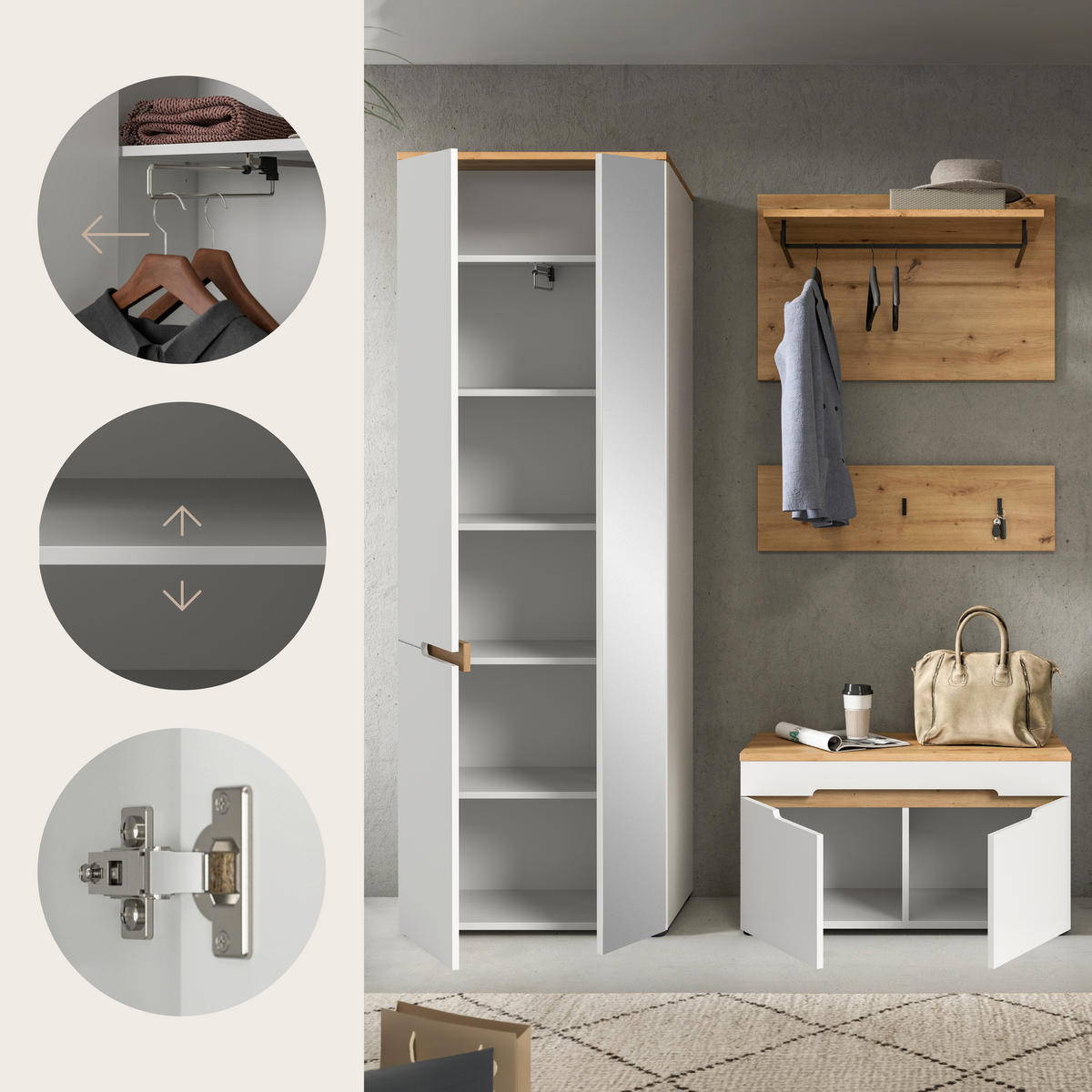 GARDEROBE 3-teilig  in 160/190/37 cm  - Weiß/Eiche Artisan, Design, Holzwerkstoff (160/190/37cm) - MID.YOU