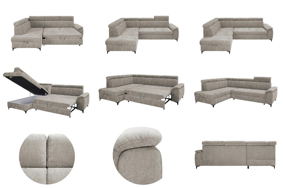 ECKSOFA Taupe Chenille Bettkasten, Schlaffunktion, Rücken echt, Kopfteilverstellung, Liegefläche im Originalstoff  - Taupe/Schwarz, KONVENTIONELL, Textil/Metall (206/265cm) - Carryhome