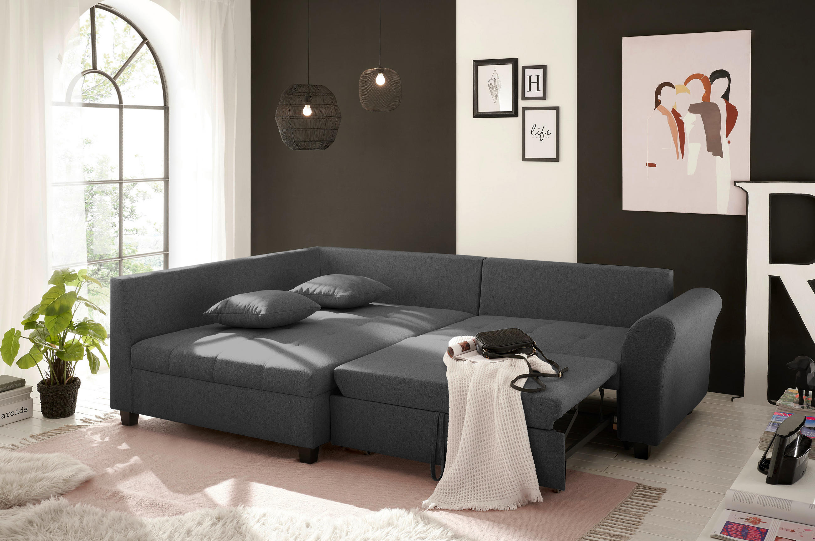 ECKSOFA in Webstoff Anthrazit  - Anthrazit/Schwarz, MODERN, Kunststoff/Textil (175/252cm) - Livetastic