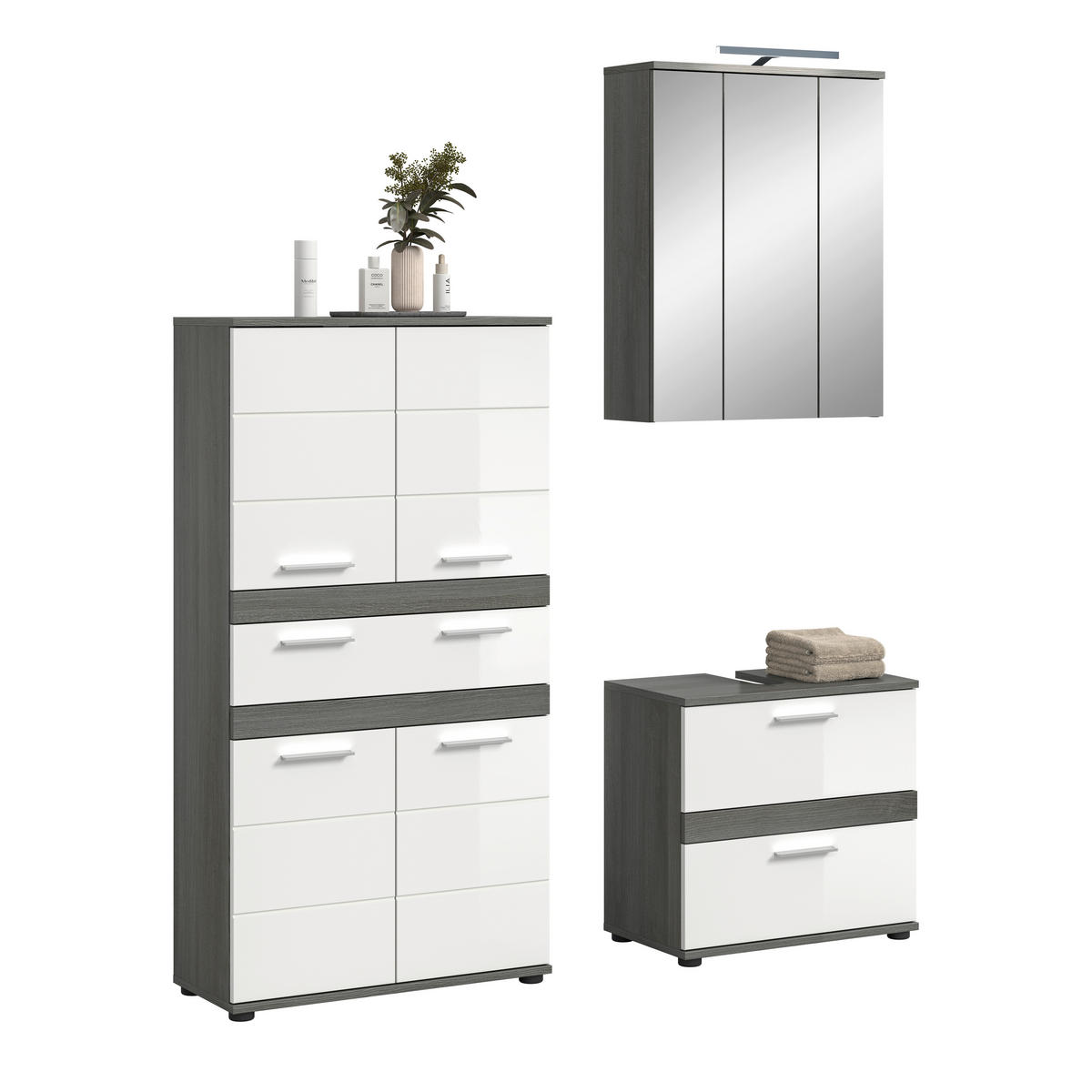 BADEZIMMER 4-teilig  in 145 cm  - Weiß Hochglanz/Silberfarben, Trend, Glas/Holzwerkstoff (145cm) - MID.YOU