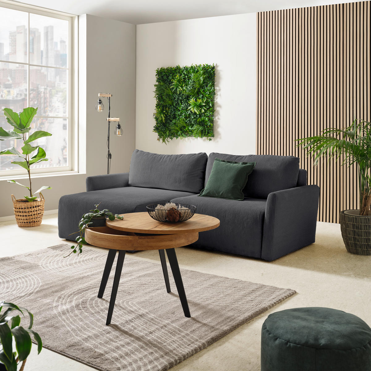 ECKSOFA in Cord Grau  - Schwarz/Grau, Konventionell, Kunststoff/Textil (228/146cm) - MID.YOU