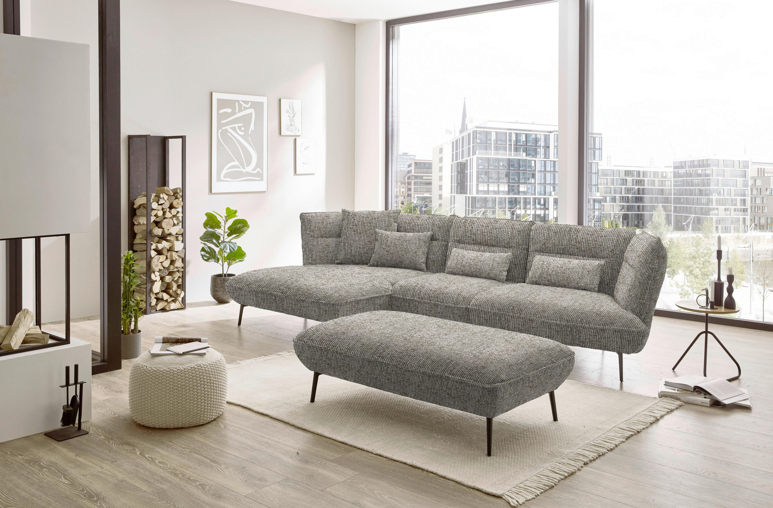 ECKSOFA in Flachgewebe Braun  153/339 cm  - Schwarz/Braun, Design, Textil/Metall (153/339cm) - Moderano