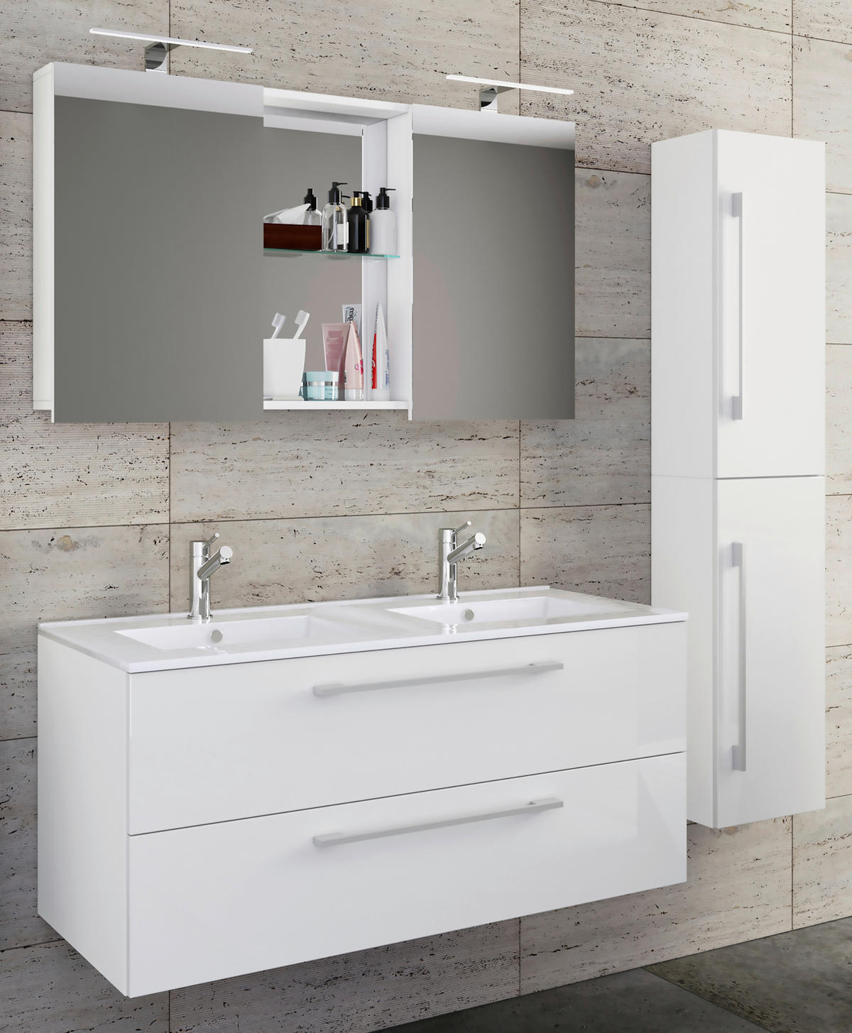 BADEZIMMER 4-teilig  in 145 cm  - Alufarben/Weiß, MODERN, Keramik/Holzwerkstoff (145cm) - MID.YOU
