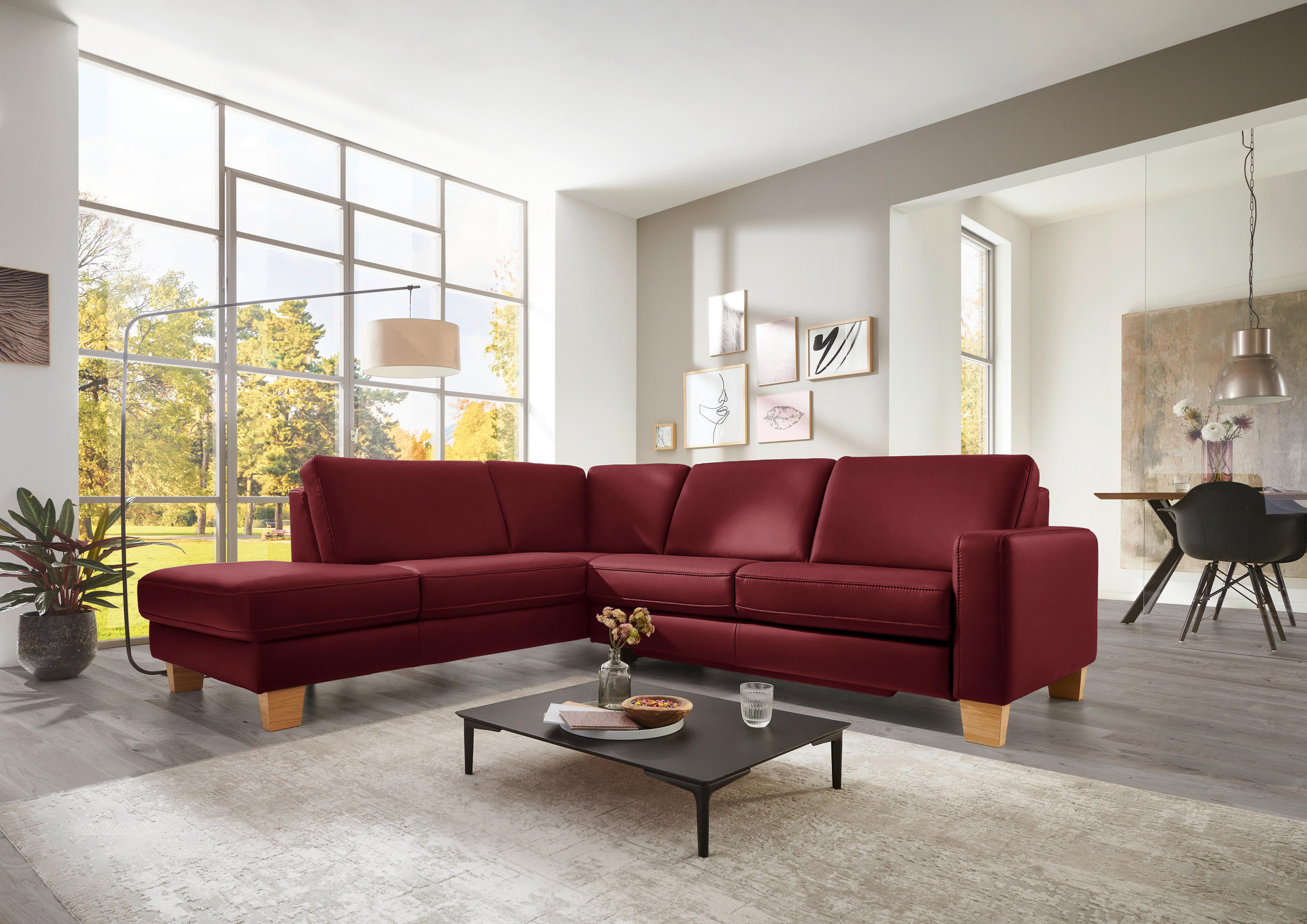 ECKSOFA in Echtleder Rot  - Eiche Bianco/Rot, Natur, Leder/Holz (235/257cm) - Valdera