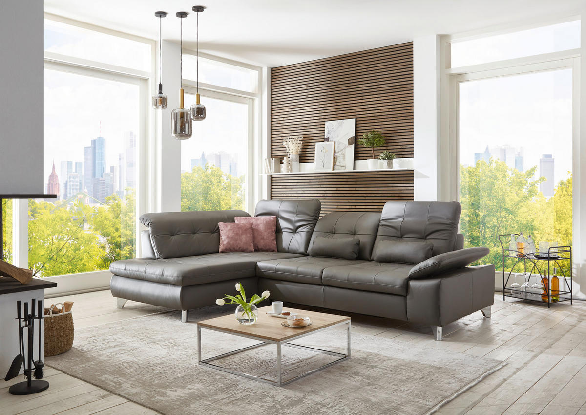 ECKSOFA in Echtleder Grau  - Grau, Basics, Leder/Metall (211/309cm) - Beldomo Speed