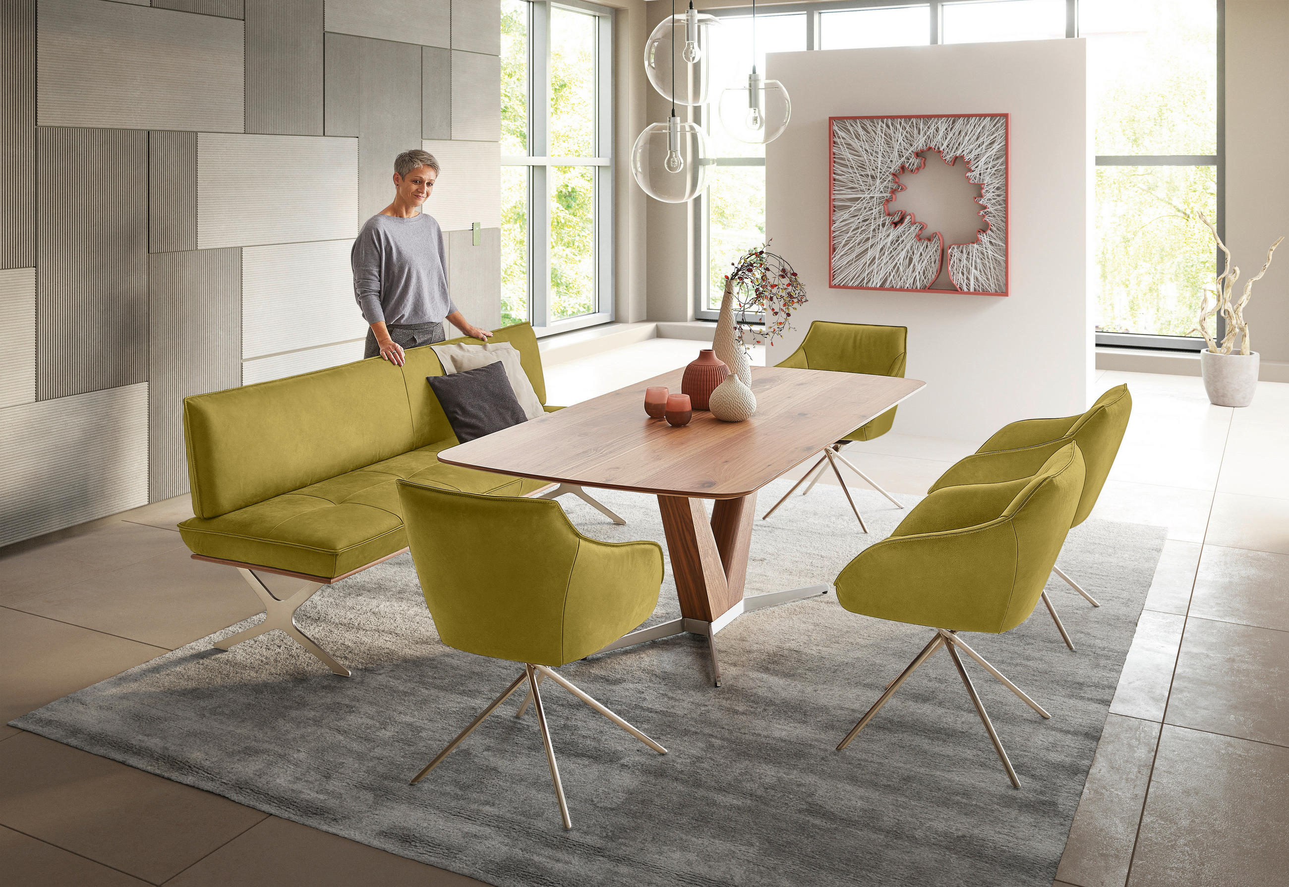 SITZBANK 214/88/66 cm Echtleder Edelstahlfarben, Hellgrün Nussbaum furniert Metall  - Edelstahlfarben/Hellgrün, Design, Leder/Holz (214/88/66cm) - Koinor