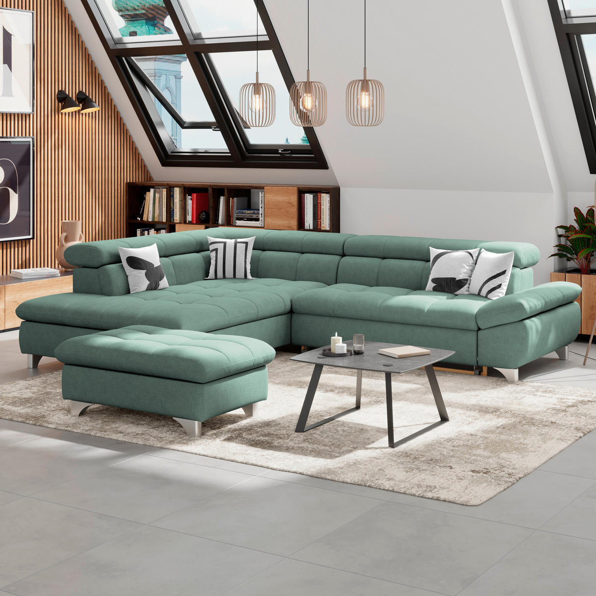 ECKSOFA Dunkelgrün Chenille  - Chromfarben/Dunkelgrün, KONVENTIONELL, Textil/Metall (234/312cm) - Livetastic