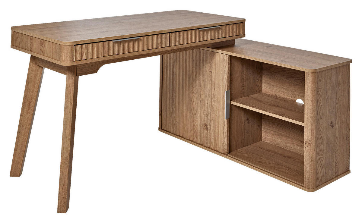 ECKSCHREIBTISCH 142/120/78,2 cm Eichefarben Kabeldurchlass, Stauraum, seitenverkehrt montierbar  - Eichefarben/Silberfarben, MODERN, Holzwerkstoff/Metall (142/120/78,2cm)
