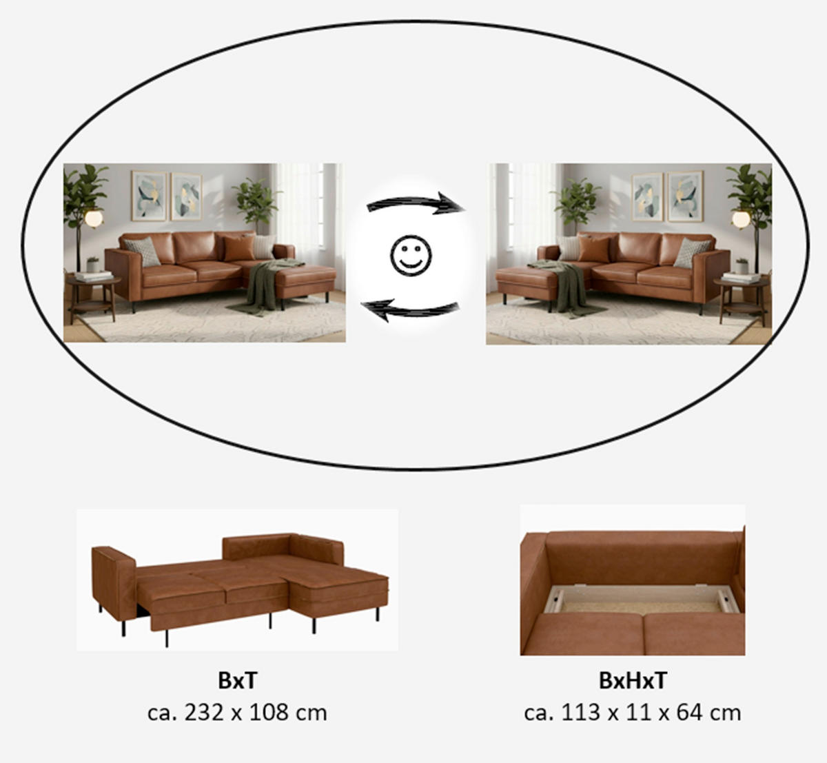 ECKSCHLAFSOFA Lederlook, Mikrofaser Echtleder Cognac  - Cognac/Schwarz, Modern, Leder/Textil (232/161cm) - Trendmanufaktur