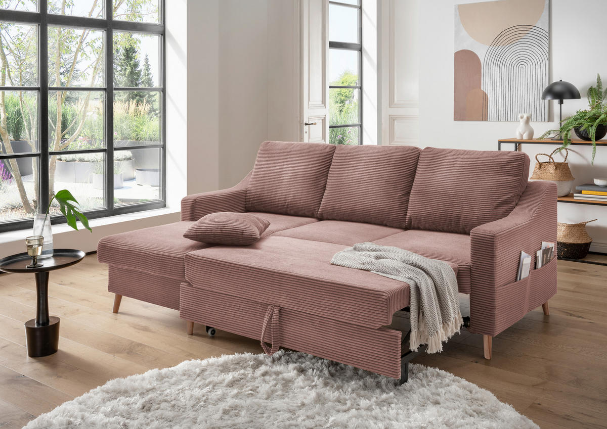 ECKSOFA in Cord Rosa  - Naturfarben/Rosa, Design, Holz/Textil (150/228cm) - P & B