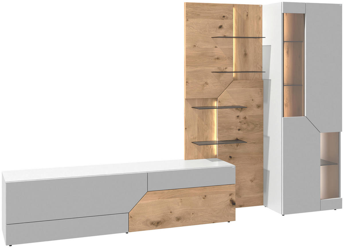 WOHNWAND 3-teilig  in Weiß, Wildeiche  304/194/44,5 cm  - Wildeiche/Weiß, Design, Glas/Holz (304/194/44,5cm) - Voglauer