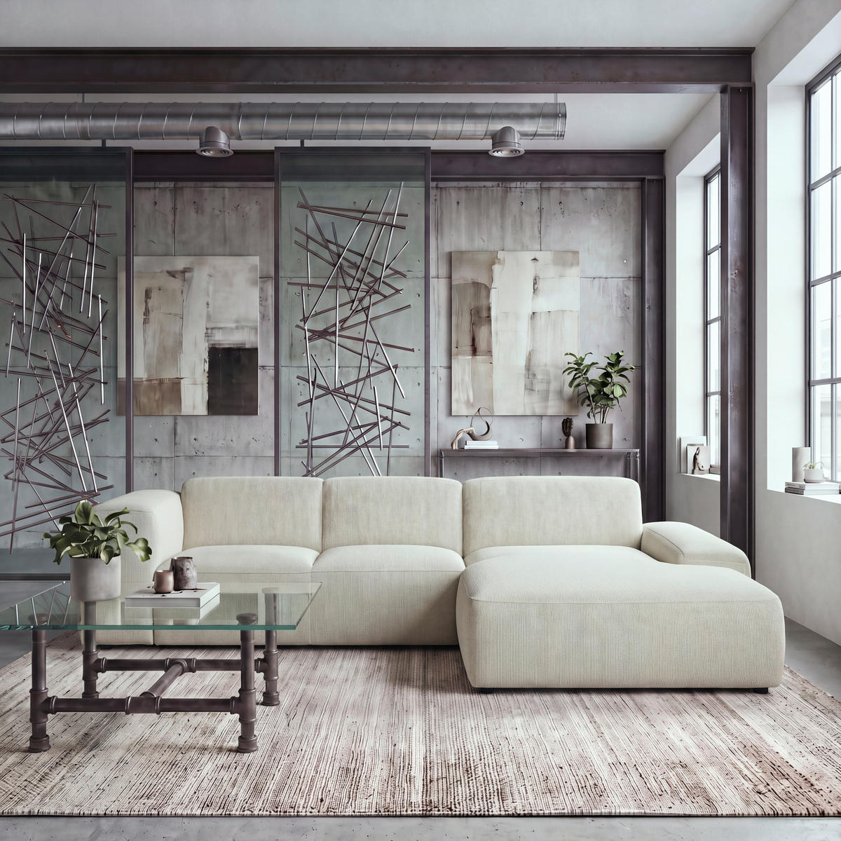ECKSOFA HANNAH Beige Cord  - Beige/Schwarz, Design, Kunststoff/Textil (304/200cm) - MID.YOU