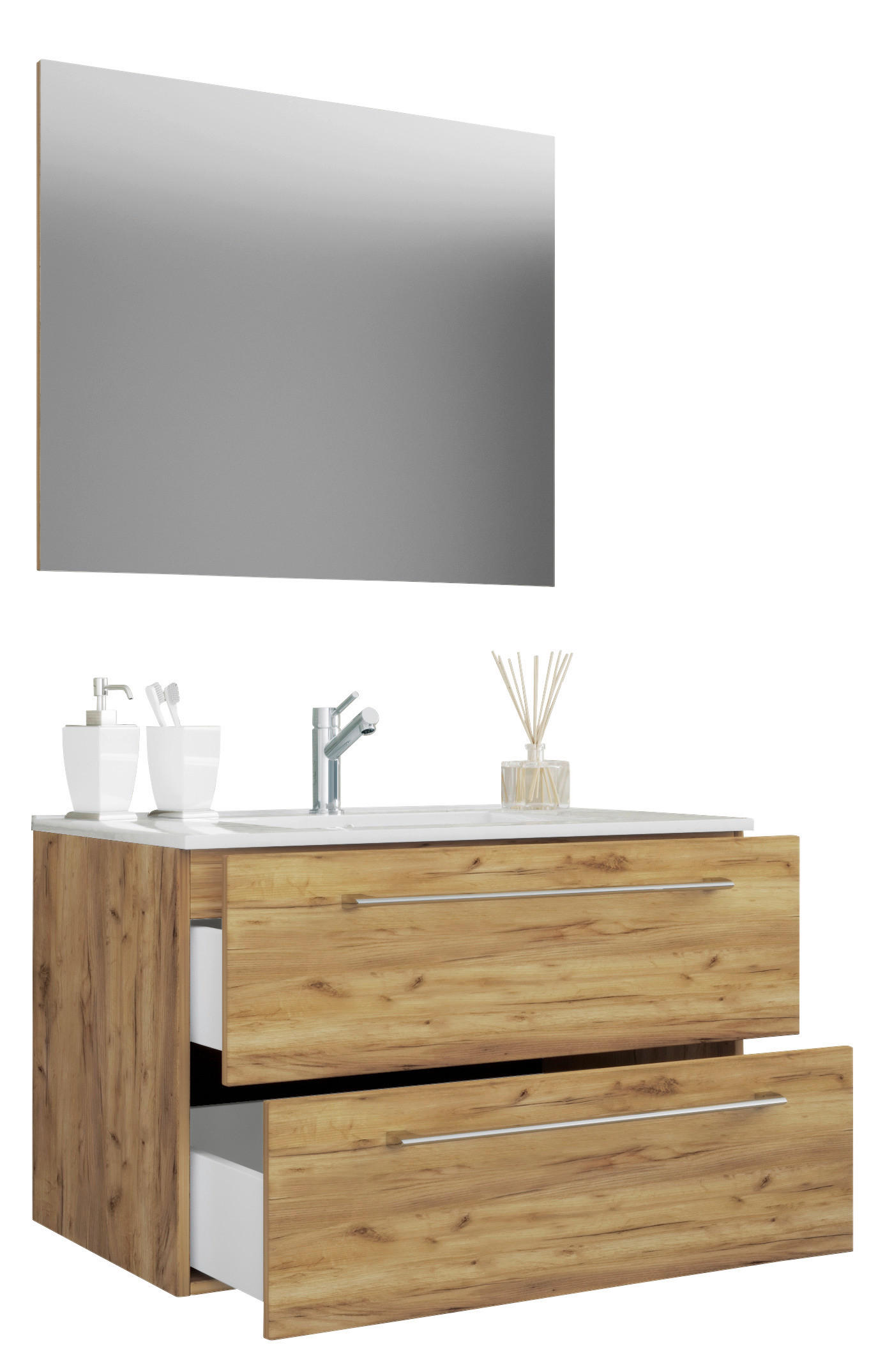 BADEZIMMER 3-teilig  in 80 cm  - Honigeiche/Alufarben, MODERN, Keramik/Holzwerkstoff (80cm) - MID.YOU