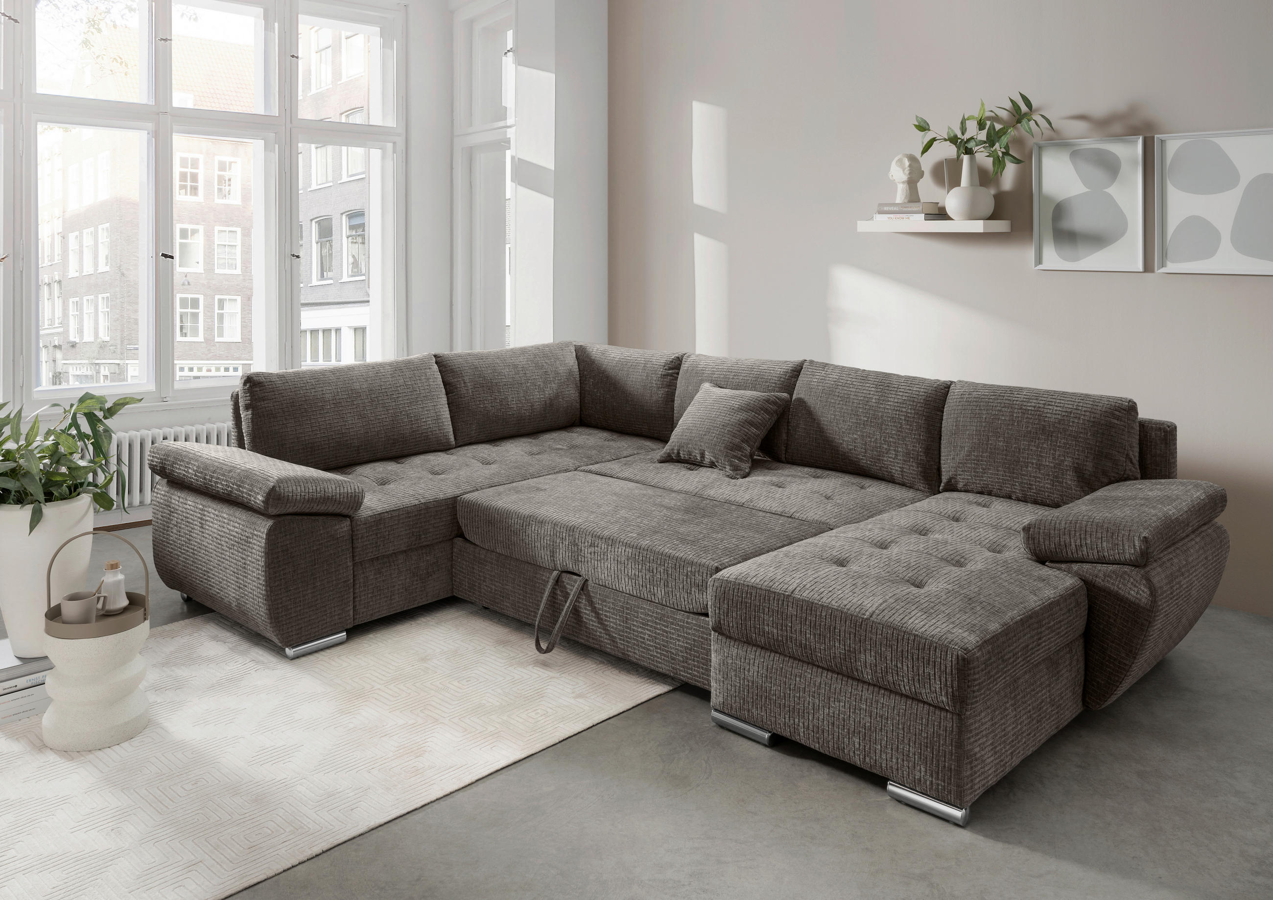 Wohnlandschaft Graubraun Mikrofaser  - Chromfarben/Graubraun, KONVENTIONELL, Textil (219/305/157cm) - Livetastic