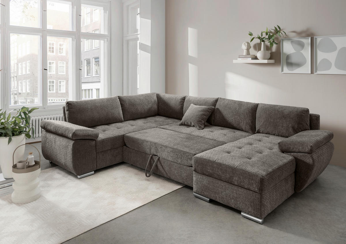 Wohnlandschaft in Mikrofaser Graubraun  - Chromfarben/Graubraun, KONVENTIONELL, Textil (219/305/157cm) - Livetastic
