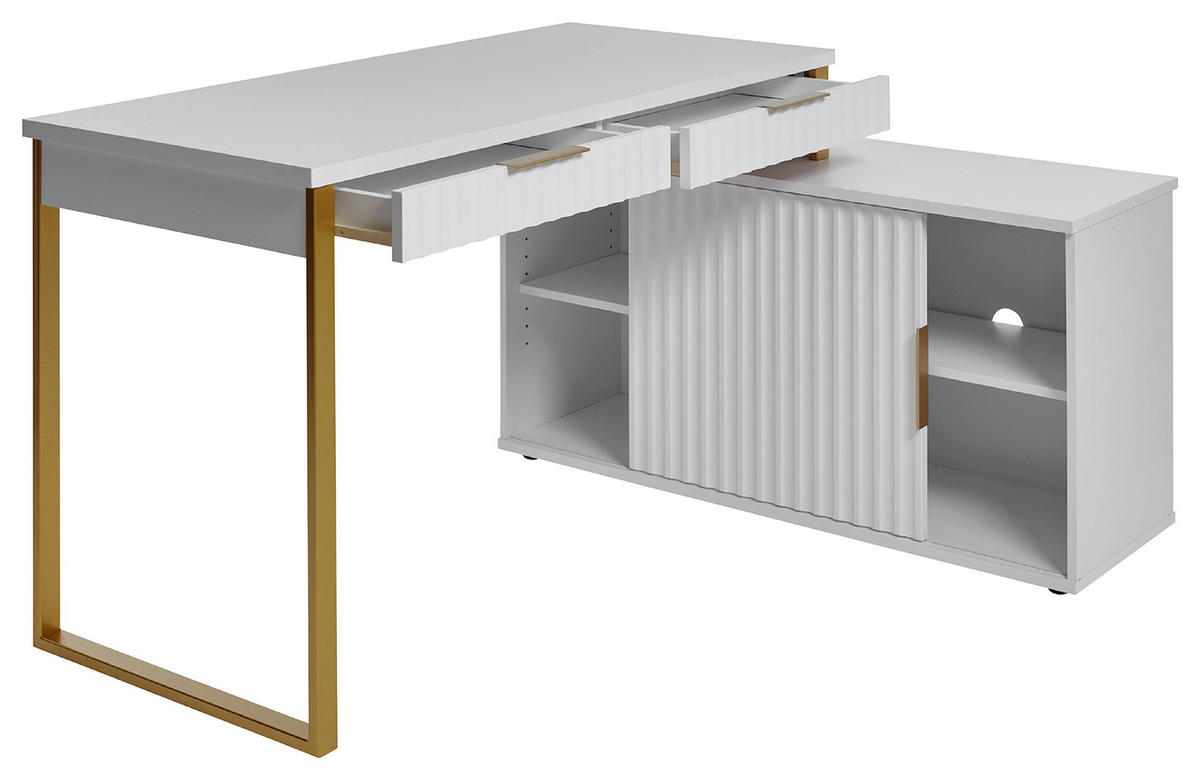 ECKSCHREIBTISCH 144/115/77 cm  in Weiß, Goldfarben  - Goldfarben/Weiß, MODERN, Holzwerkstoff/Metall (144/115/77cm) - MID.YOU