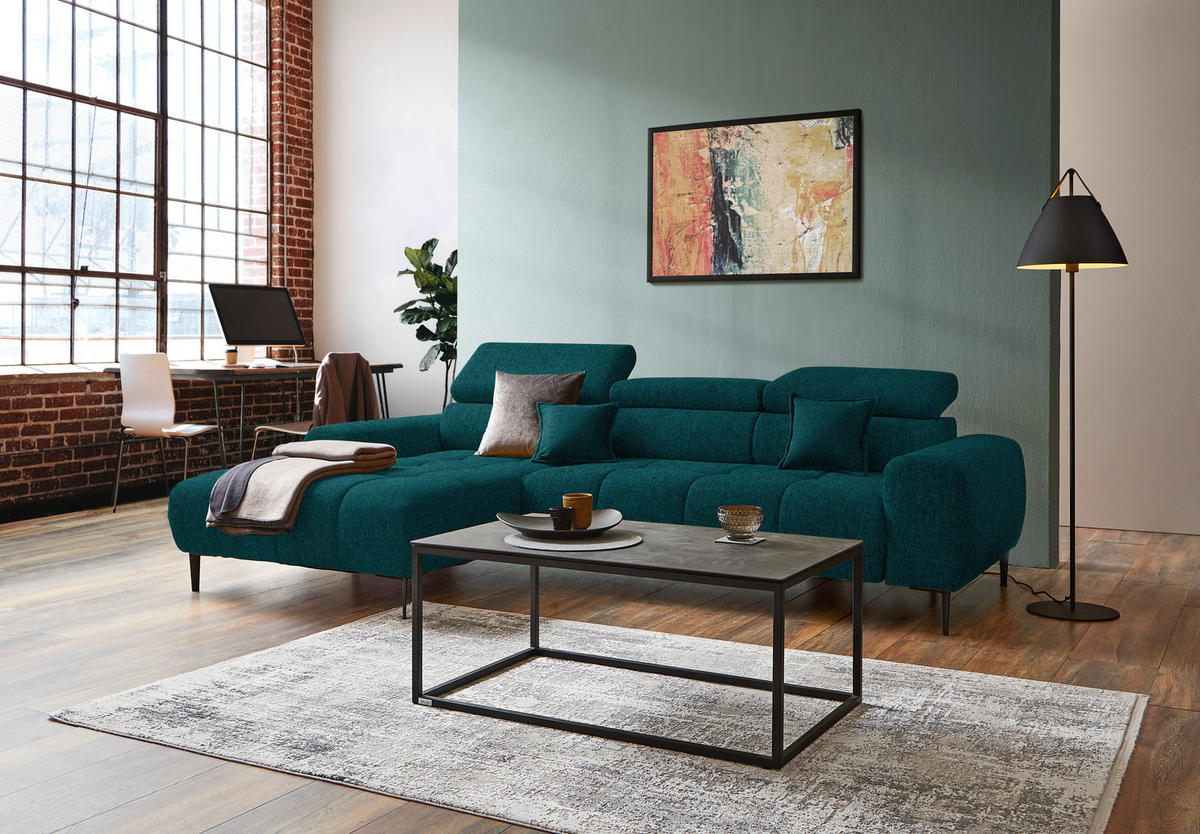 ECKSOFA Petrol Webstoff  - Petrol/Schwarz, Design, Textil/Metall (177/270cm) - Welnova